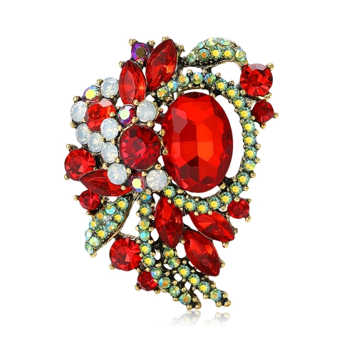 Vintage Alloy Flower Brooch For Women Luxurious Rhinestone Inlaid Hollow Out Floral Breastpin Suit Accessory Jewelry
