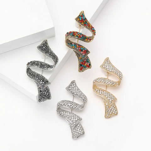 Vintage Alloy Rhinestone Ribbon Brooch For Women Elegant Wave S-Shaped Inlaid Brooch Pin For Suit Wedding Party Jewelry