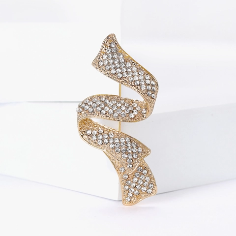 Vintage Alloy Rhinestone Ribbon Brooch For Women Elegant Wave S-Shaped Inlaid Brooch Pin For Suit Wedding Party Jewelry