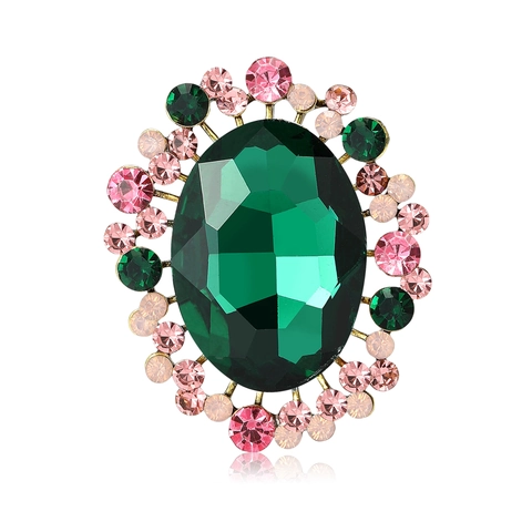 Vintage Alloy Crystal Glass Brooch For Women High Grade Oval Rhinestone Inlaid Flower Brooch Retro Korean Fashion Jewelry