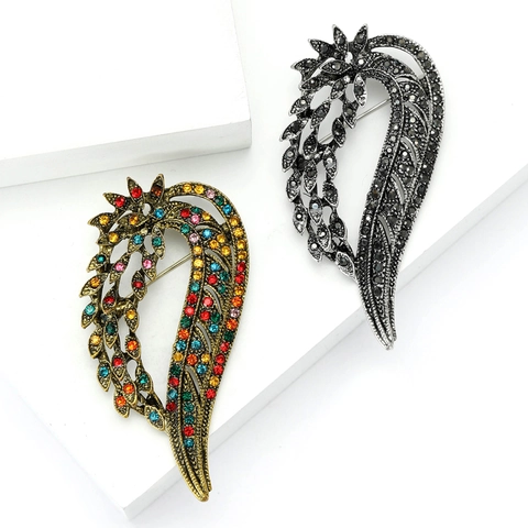 Broche Vintage de Aleación Floral con Diamantes de Imitación para Mujer Elegante Pluma Hoja Pin de Ramillete Joyería para Boda