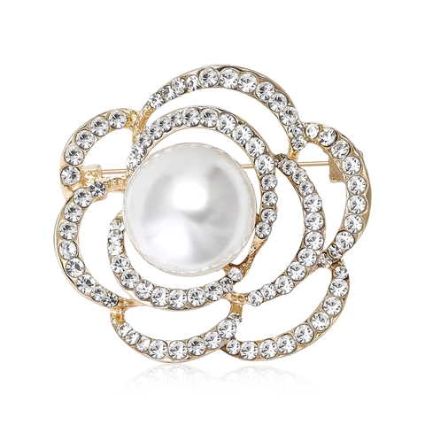 Elegant Camellia Flower Brooch For Women Alloy Artificial Pearl Rhinestone Hollow Petal Pin Fashion Light Luxury Accessory