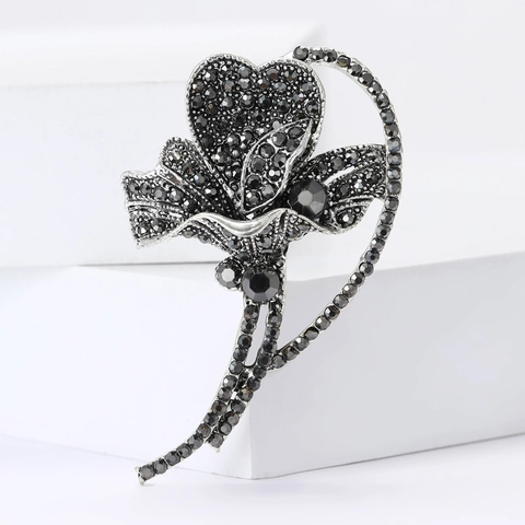 Spilla a Fiore in Lega Vintage per Donna Lussuosa Spilla Floreale Gotica con Strass Neri per Vestito Cappotto Gioielli di Moda