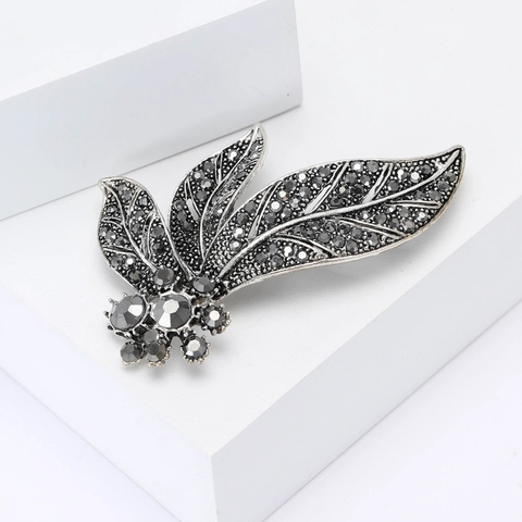 Broche en Alliage Vintage Forme Feuille Fleur pour Femmes Argent Antique Noir avec Strass Incrustés Accessoire pour Costumes Manteaux Robe