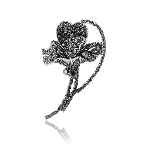 Spilla a Fiore in Lega Vintage per Donna Lussuosa Spilla Floreale Gotica con Strass Neri per Vestito Cappotto Gioielli di Moda