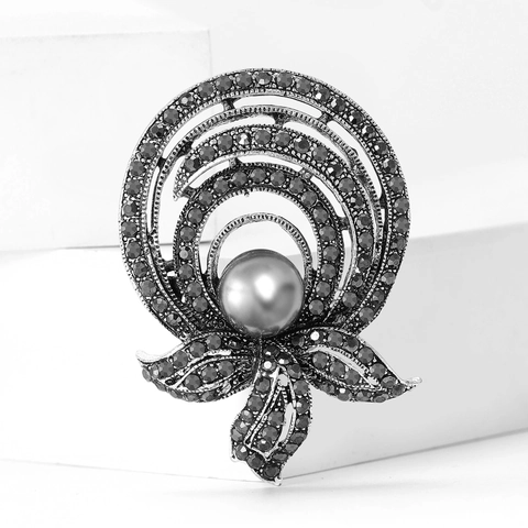 Spilla a Fiore Vintage in Nero Fucile e Argento Antico per Donna Con Perla Artificiale Grigia e Strass Elegante Accessorio Spilla