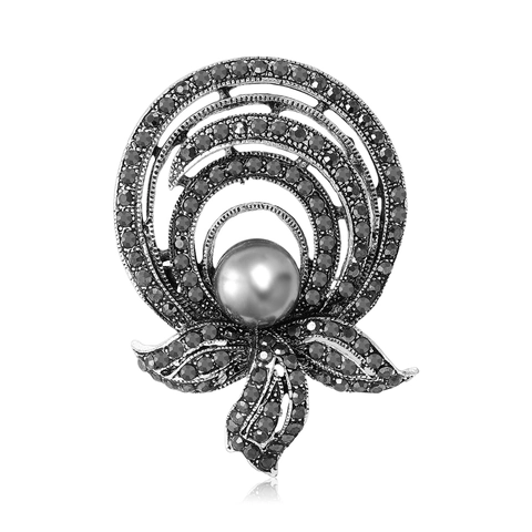 Spilla a Fiore Vintage in Nero Fucile e Argento Antico per Donna Con Perla Artificiale Grigia e Strass Elegante Accessorio Spilla