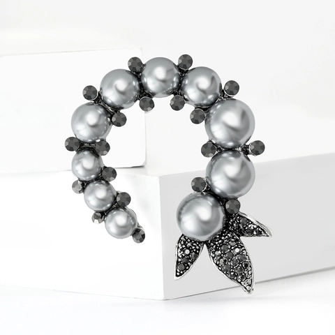Spilla Vintage in Lega a Fiore Con Perla Artificiale Grigia e Strass Neri Foglia Pin per Donna Vestito da Festa Accessori