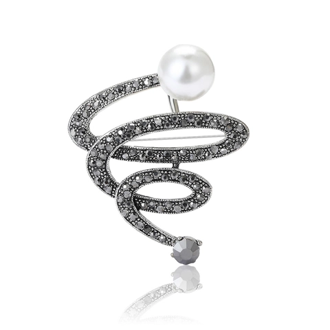 Spilla a Spirale in Lega Vintage per Donna Perla Artificiale di Alta Gamma Strass Pin Elegante Gioiello Nero Fucile