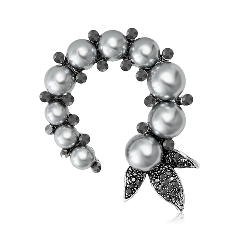 Spilla Vintage in Lega a Fiore Con Perla Artificiale Grigia e Strass Neri Foglia Pin per Donna Vestito da Festa Accessori