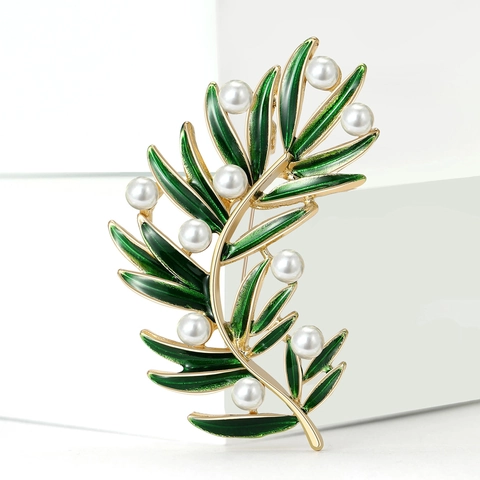 Grün Emaille Blatt Branch Brosche Für Damen Gold Legierung Brosche Mit Künstlichen Perlen 925 Sterlingsilber Stift Schmuck