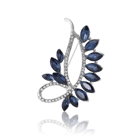 Spilla a Foglia in Lega Vintage per Donna con Pietra Preziosa in Vetro Blu Profondo Intarsiata e Strass Bianchi Spilla a Piuma