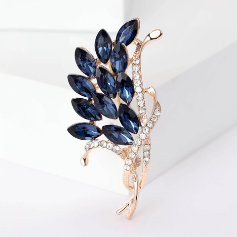 Lussuosa Spilla a Fiore in Lega di Strass Blu Profondo Oro Rosa Argento Placcato Elegante Pin Pianta Floreale Gioielli da Donna Quotidiana Banchetto