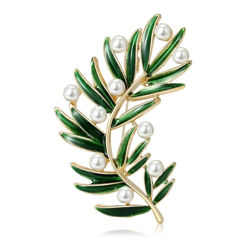 Grün Emaille Blatt Branch Brosche Für Damen Gold Legierung Brosche Mit Künstlichen Perlen 925 Sterlingsilber Stift Schmuck