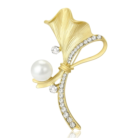 Spilla Vintage in Lega di Foglia di Ginkgo con Galvanoplastica Opaca Perla Artificiale Strass per Donna Cappotto Giacca Accessorio