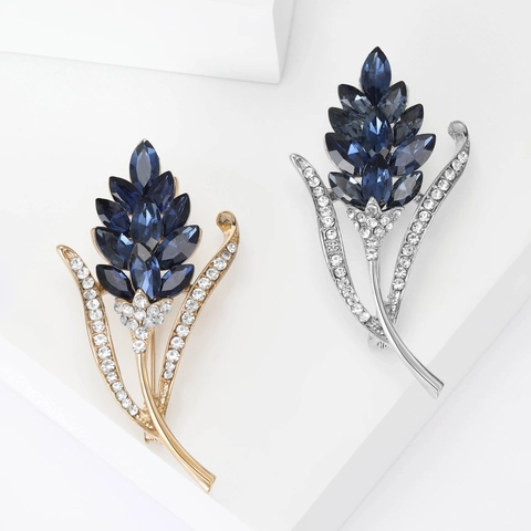 Eleganter Ähre Legierung Brosche Für Damen Mit Blauen Strasssteinen Eingelegt Gold Silber Galvanisiert Mode Pflanze Pin