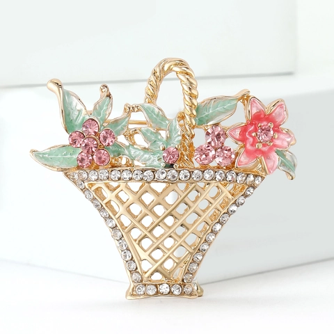 Vintage Alloy Flower Basket Brooch For Women Pink Enamel Rhinestone Pins Elegant Gold Tone Artificial Pearl Corsage Accessory Fashion Jewelry