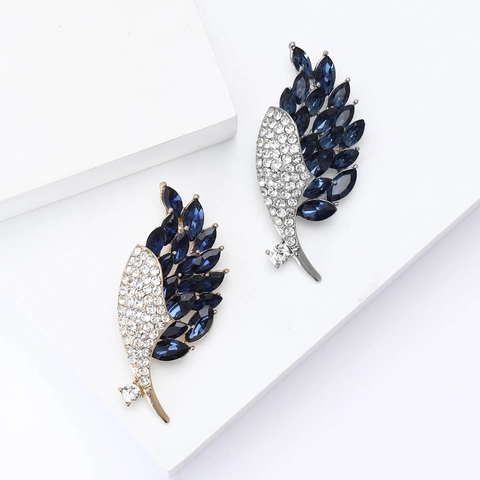 Elegant Alloy Crystal Flower Brooch For Women Gold Silver Plated Blue Marquise Rhinestone Wing Feather Leaf Fashion Jewelry