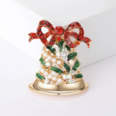 Spilla a Forma di Campana di Natale in Lega Fiocco Rosso Strass Perla Artificiale Smalto Spilla Foglia di Agrifoglio per Donna