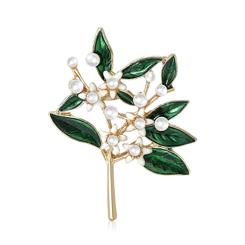 Elegante Broche de Hoja de Esmalte Verde para Mujer Aleación Chapada en Oro Planta Floral Broche Perla Artificial Vintage Pin Joyería