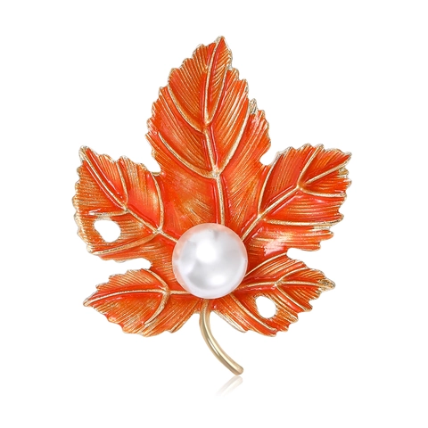 Elegant Maple Leaf Brooch For Women Gold Plated Alloy Orange Enamel Artificial Pearl Leaf Pin Autumn Jewelry Accessory