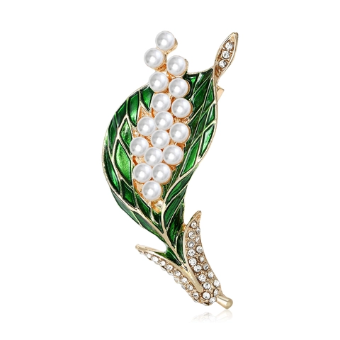 Elegant Lily Of The Valley Brooch Gold Plated Alloy Green Enamel Plant Floral Rhinestone Artificial Pearl Brooch Pin For Suits Women