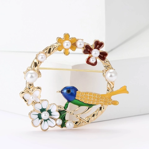 Spilla Creativa in Lega di Smalto a Corona con Uccello per Donna Vintage Floreale con Perla Artificiale per Vestiti Gioielli