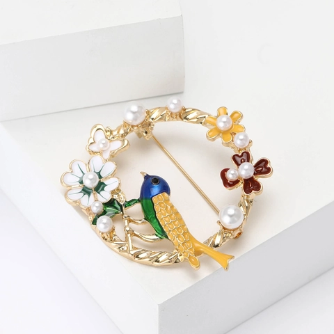 Spilla Creativa in Lega di Smalto a Corona con Uccello per Donna Vintage Floreale con Perla Artificiale per Vestiti Gioielli