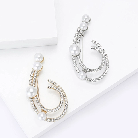 Broche de Aleación Hueca con Perlas Artificiales y Diamantes de Imitación Elegante Diseño Espiral Curvo Joyería de Moda para Mujer Banquete