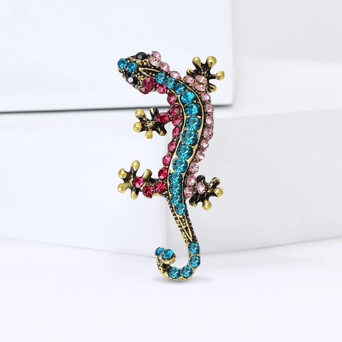 Vintage Alloy Multi-Color Rhinestone Lizard Gecko Brooch Personalized Animal Lapel Pin For Suit Shirt Unisex Fashion Jewelry
