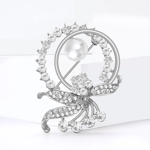 Elegante Spilla a Fiore in Lega con Perla Artificiale e Strass Intarsiati Cerchio Ghirlanda Pin Gioielli per Donna Matrimonio