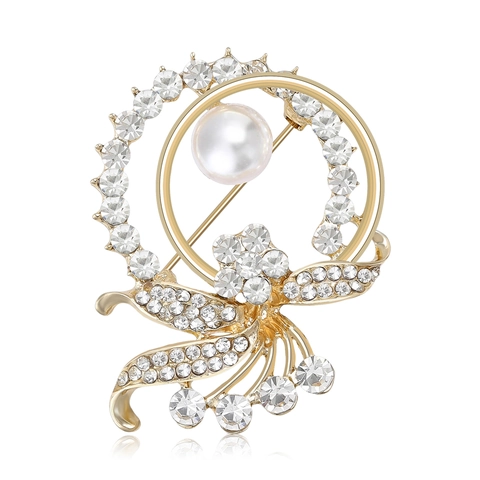 Elegante Spilla a Fiore in Lega con Perla Artificiale e Strass Intarsiati Cerchio Ghirlanda Pin Gioielli per Donna Matrimonio