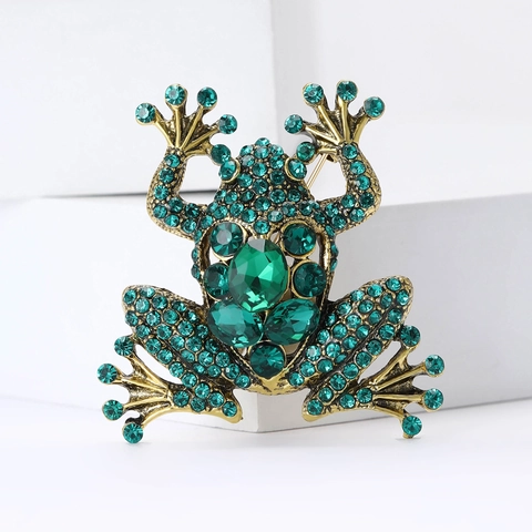 Spilla Vintage a Rana in Lega con Strass Verdi per Donna Oro Antico Forma Animale Spilla per Abito Cappotto Gioielli Regalo