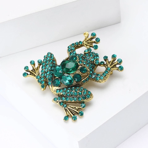 Broche de Rana de Aleación Vintage con Diamantes de Imitación Verdes para Mujeres Hombres Moda Cristal Animal Joyería para Traje Abrigo