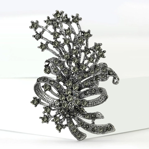 Vintage Gunmetal Legering Bloem Broche Voor Vrouwen Luxe Strass Strik Bloem Corsage Pin Sieraden Accessoires