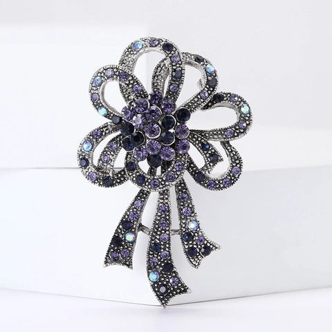 Broche Vintage de Aleación Con Strass Forma Flor y Lazo para Mujer Alfiler de Corsé de Cristal Joyería Decorativa para Traje