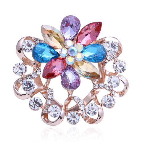 Vintage Alloy Rhinestone Flower Brooch Elegant Scarf Buckle Colorful Crystal Floral Pin For Women Wedding Banquet Jewelry Accessory