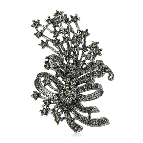 Vintage Gunmetal Legering Bloem Broche Voor Vrouwen Luxe Strass Strik Bloem Corsage Pin Sieraden Accessoires