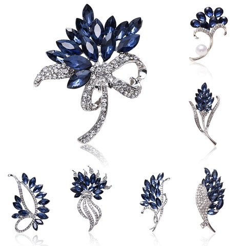Elegante Spilla in Lega di Cristallo per Donna Spilla a Forma di Fiore Foglia Cigno con Strass Blu Profondo Regalo Gioielli