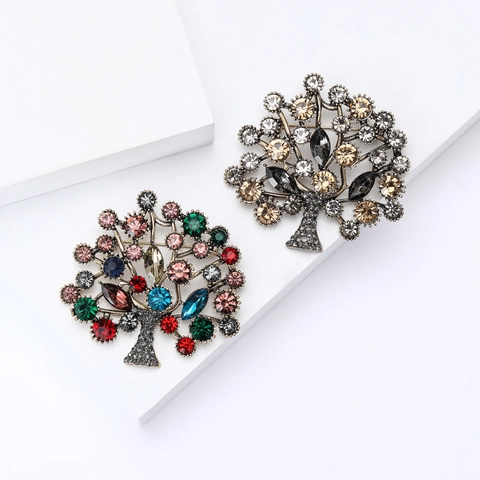 Vintage Alloy Tree Of Life Brooch For Women Refined Inlaid Rhinestone Plant Flower Breastpin Fashion Clothing Accessories Gift