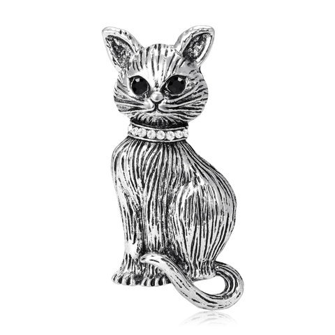 Vintage Alloy Cat Brooch For Women Antique Gold Silver Color Rhinestone Animal Lapel Pin For Clothing Scarf Decorative Jewelry