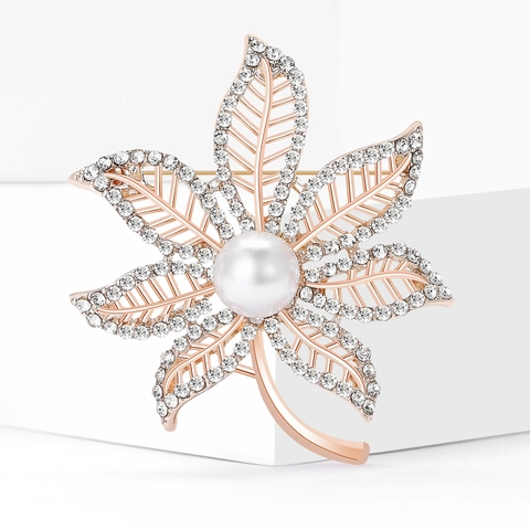 Luxury Alloy Maple Leaf Brooch With Artificial Pearl And Rhinestone Elegant Fashion Jewelry For Women Banquet Party Wedding Gift