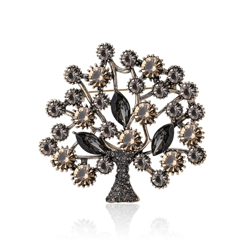 Vintage Alloy Tree Of Life Brooch For Women Refined Inlaid Rhinestone Plant Flower Breastpin Fashion Clothing Accessories Gift