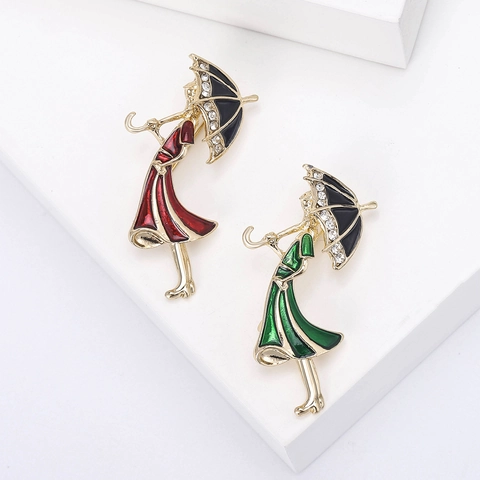 Elegant Umbrella Girl Enamel Brooch Pin For Women Vintage Gold Plated Alloy Rhinestone Clothing Accessories Jewelry Gift