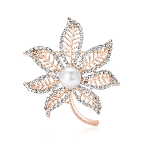 Elegante Broche de Hoja de Arce de Aleación Con Perla Artificial y Strass Pin de Joyería de Estilo Coreano de Lujo Para Mujeres Boda Banquete
