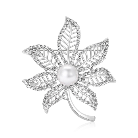 Elegante Broche de Hoja de Arce de Aleación Con Perla Artificial y Strass Pin de Joyería de Estilo Coreano de Lujo Para Mujeres Boda Banquete