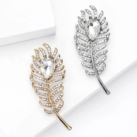 Exquisito Broche de Pluma de Aleación Con Cristal Grande en Forma de Gota Strass Alfiler de Solapa de Lujo para Mujer Banquete Boda Joyería
