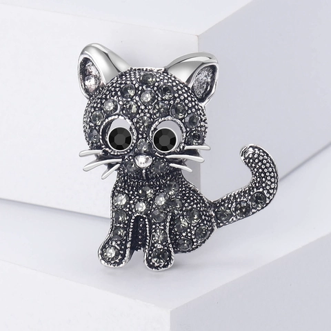 Spilla Vintage a Forma di Gatto Seduto in Lega con Strass Intarsiati Accessorio Moda per Abbigliamento Gioielli Regalo Donna
