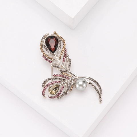 Broche de Pluma de Aleación Vintage Lujo Diamantes de Imitación Perla Artificial Accesorios Corsage Para Mujer Moda Boda Fiesta Joyería