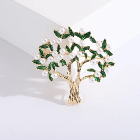 Vintage Gold Baum Brosche Für Damen Mit Grünen Emaille Blättern Und Künstlicher Perlen Dekoration Eleganter Anzug Pin